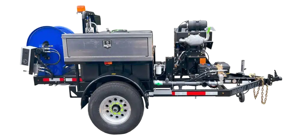 Durable Model 184ULT trailer with engine and equipment for efficient utility work.