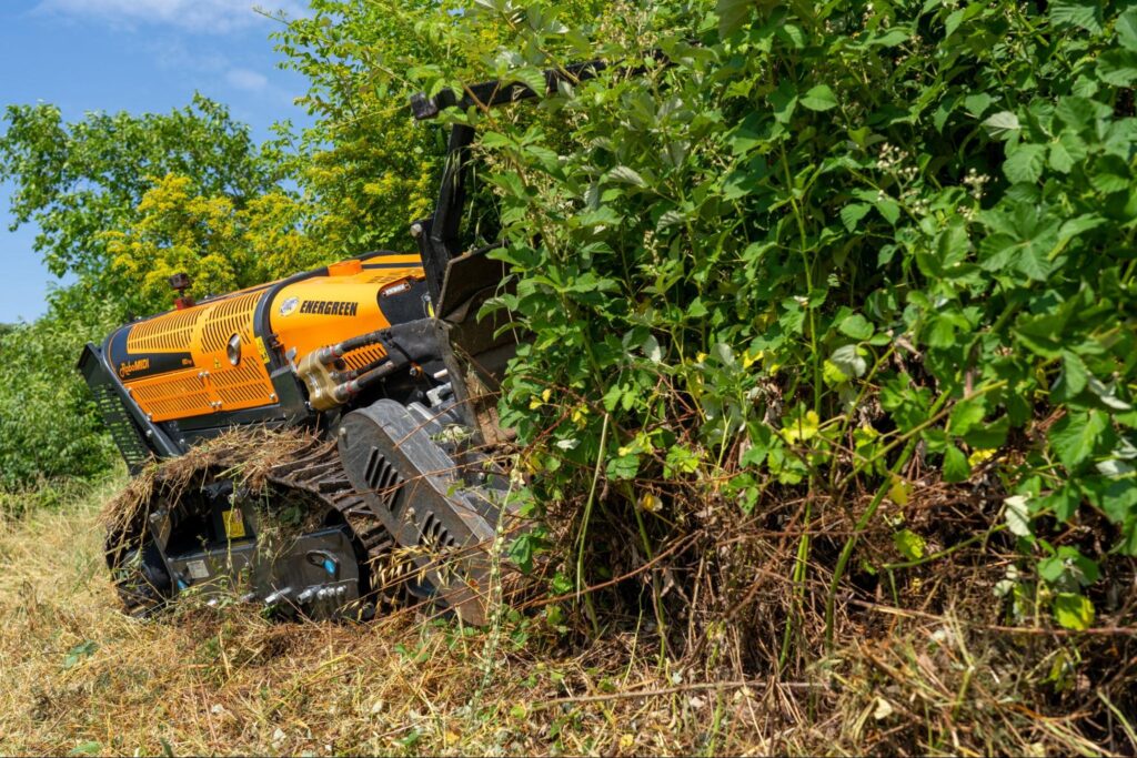 Powerful land clearing machine performing vegetation management and underbrush in a sunny landscape.
