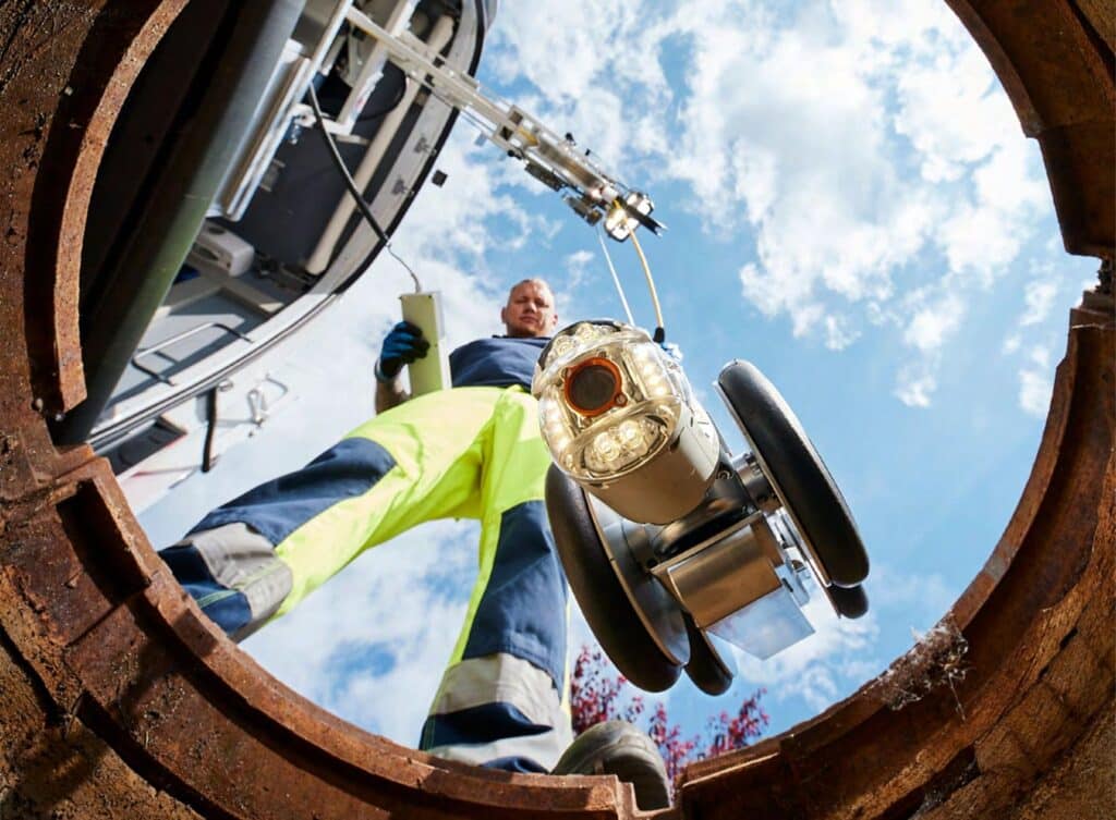 Technician monitors sewer pipeline condition using inspection camera from a manhole.