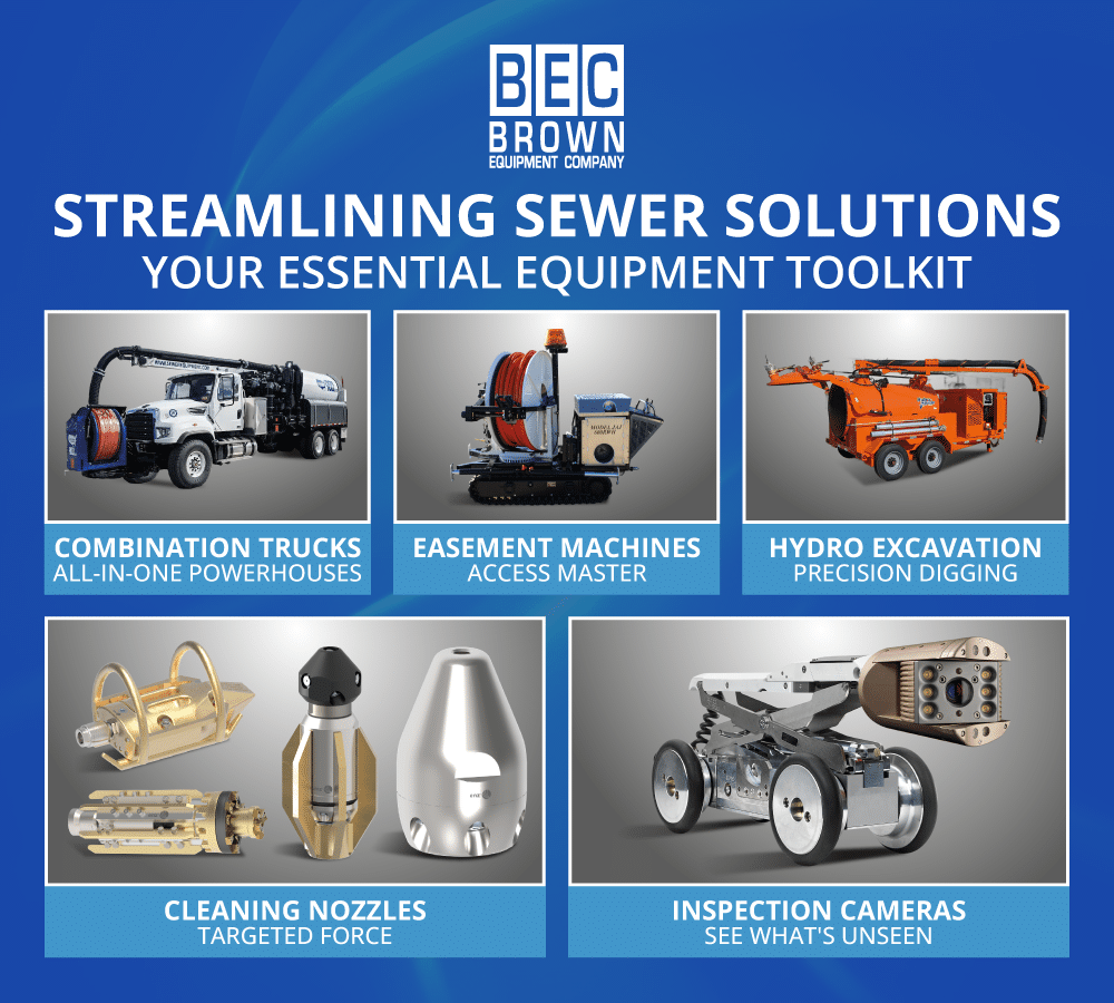 Essential toolkit for sewer solutions featuring combination trucks and advanced inspection equipment.
