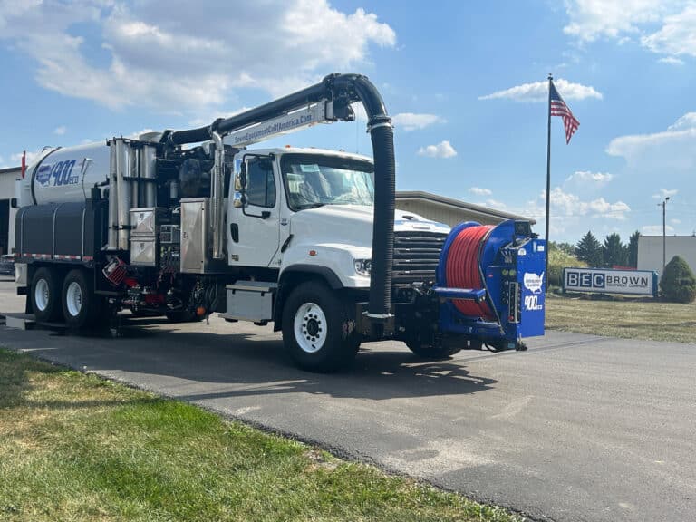 Sewer cleaning truck with advanced vacuum system for efficient waste removal and maintenance.