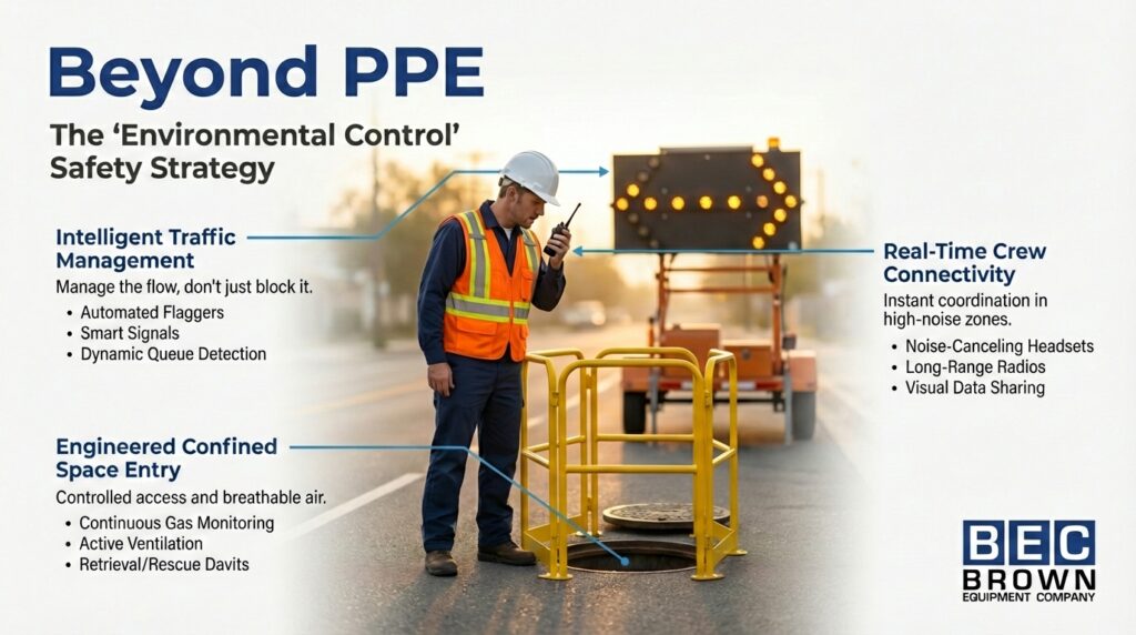 Advanced safety strategies for construction, including traffic management and confined space protocols.