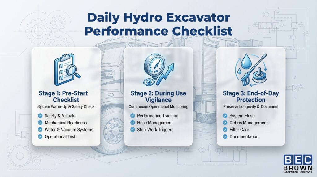 Hydro excavator daily checklist for safe and efficient operation management.