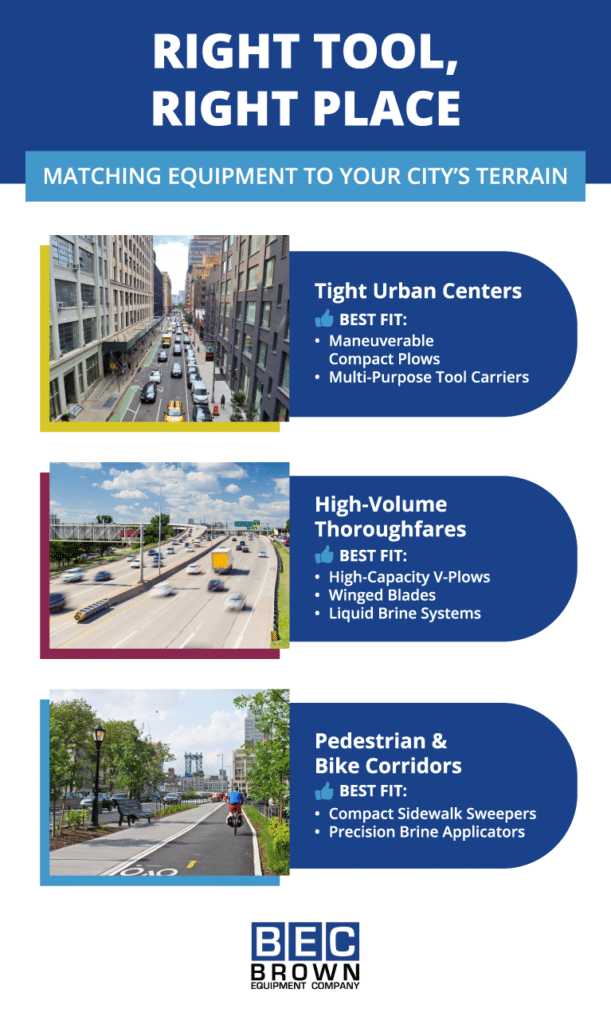 Optimize snow removal with equipment tailored for urban, thoroughfare, and bike path needs.