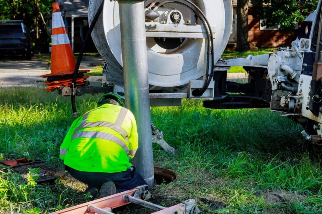 Utility worker using equipment for underground maintenance in a residential area.