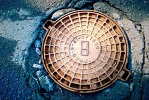 Rusty manhole cover set in cracked urban pavement.