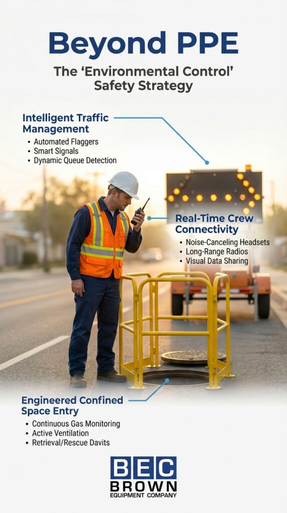 Innovative safety solutions for traffic management and crew communication in work environments.