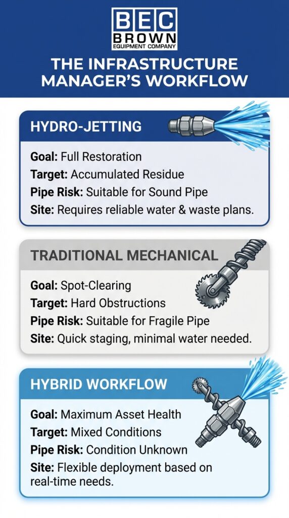 Infrastructure management techniques for effective cleaning with hydro-jetting, mechanical, and hybrid methods.