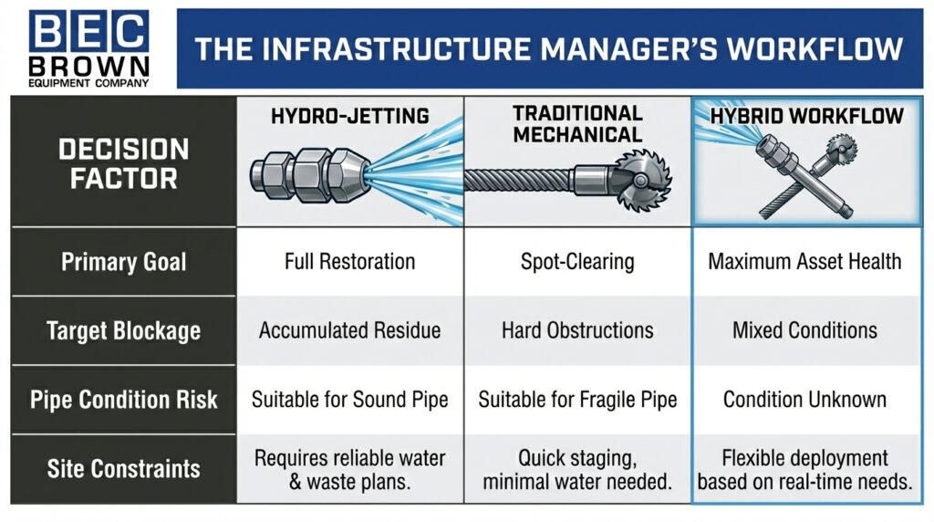 Compare hydro-jetting, traditional, and hybrid methods for effective infrastructure management.
