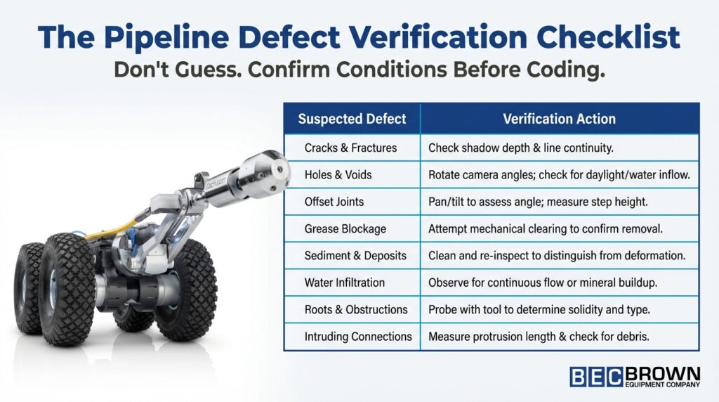Pipeline defect verification checklist for coding and inspecting pipeline conditions.