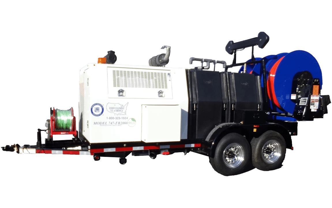 Sewer Equipment Model 747-FR2000TV ECO trailer jetter with integrated Cues CCTV inspection system