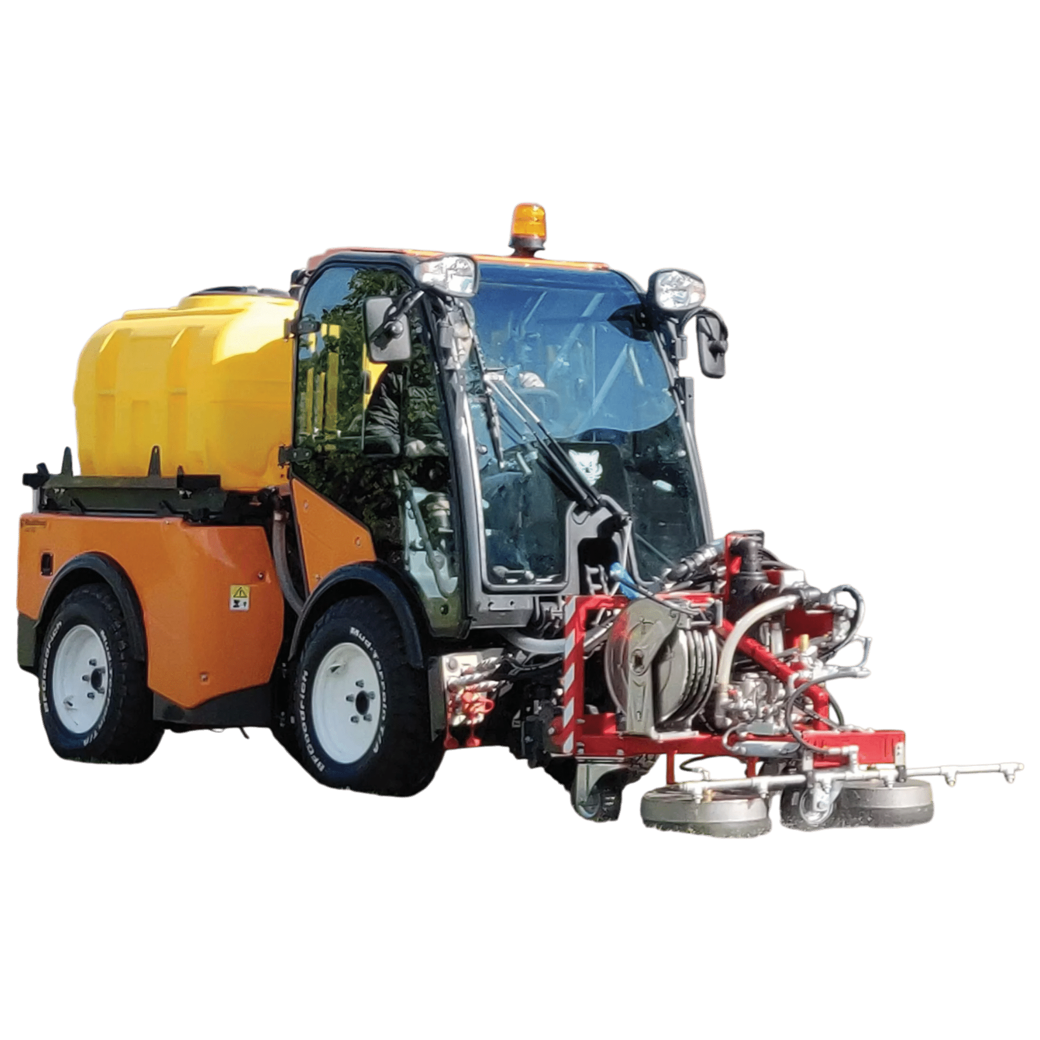 Multihog street cleaner scrubber deck and pressure washer combination for deep urban cleaning