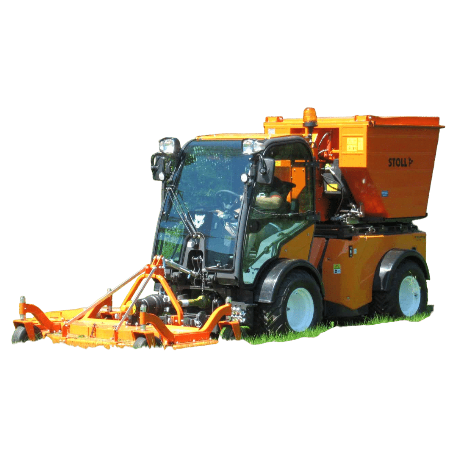 Multihog front mower with suction collection system and 581-gallon high-tip grass container