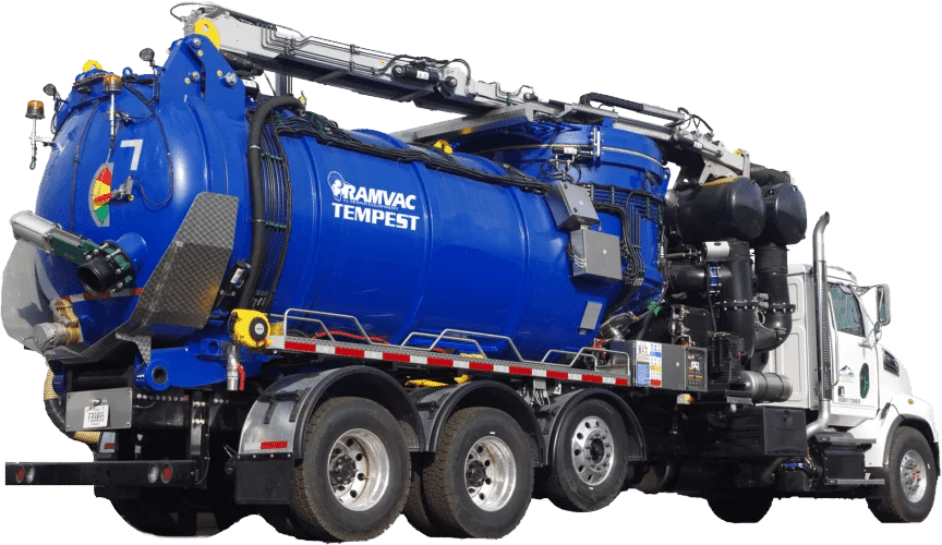 RAMVAC TEMPEST industrial vacuum loader with 18 cubic yard debris box and articulating knuckle boom