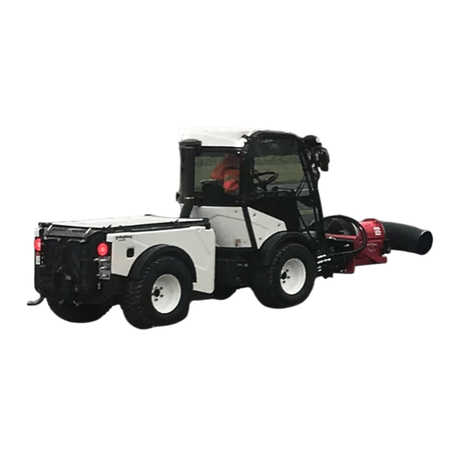 Multihog leaf blower front-mounted attachment with 360-degree remote-controlled nozzle rotation