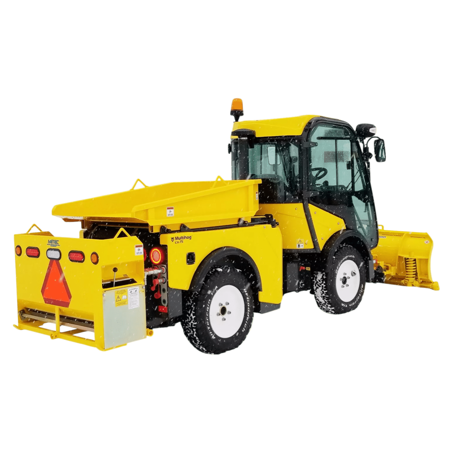 Multihog drop sander dual-function attachment combining dump box and sander for sidewalk maintenance