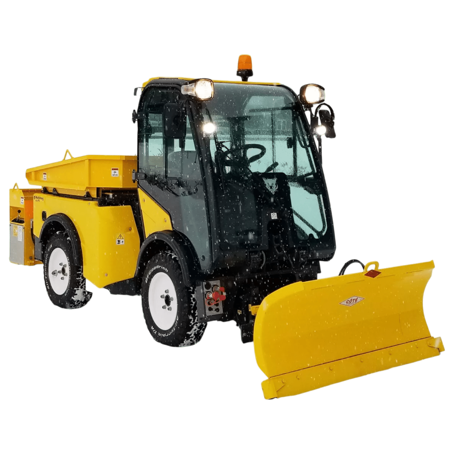 Multihog snow plough attachment with hydraulic lift, tilt, and 30-degree swivel to each side for snow clearing