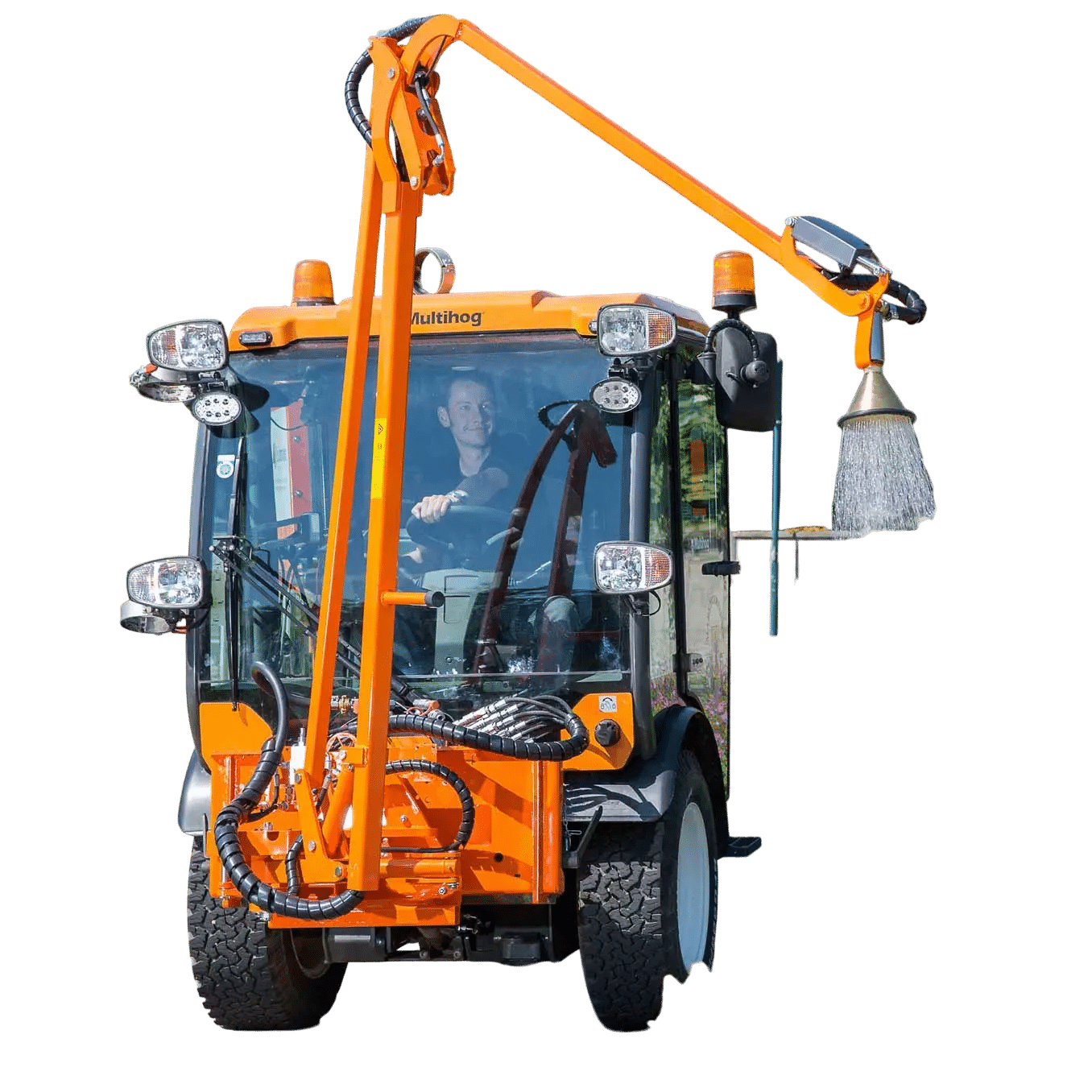 Multihog watering arm attachment for irrigating planters and hanging baskets at height