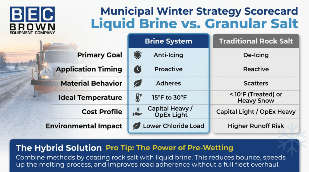 Comparison of liquid brine and granular salt for effective municipal de-icing strategies.
