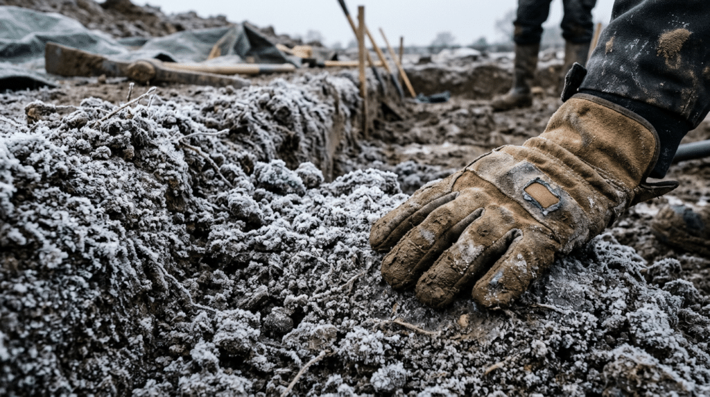 Worker inspecting frozen soil during winter excavation for construction.