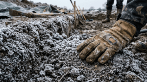 Worker inspecting frozen soil during winter excavation for construction.