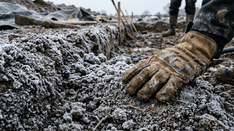 Worker inspecting frozen soil during winter excavation for construction.