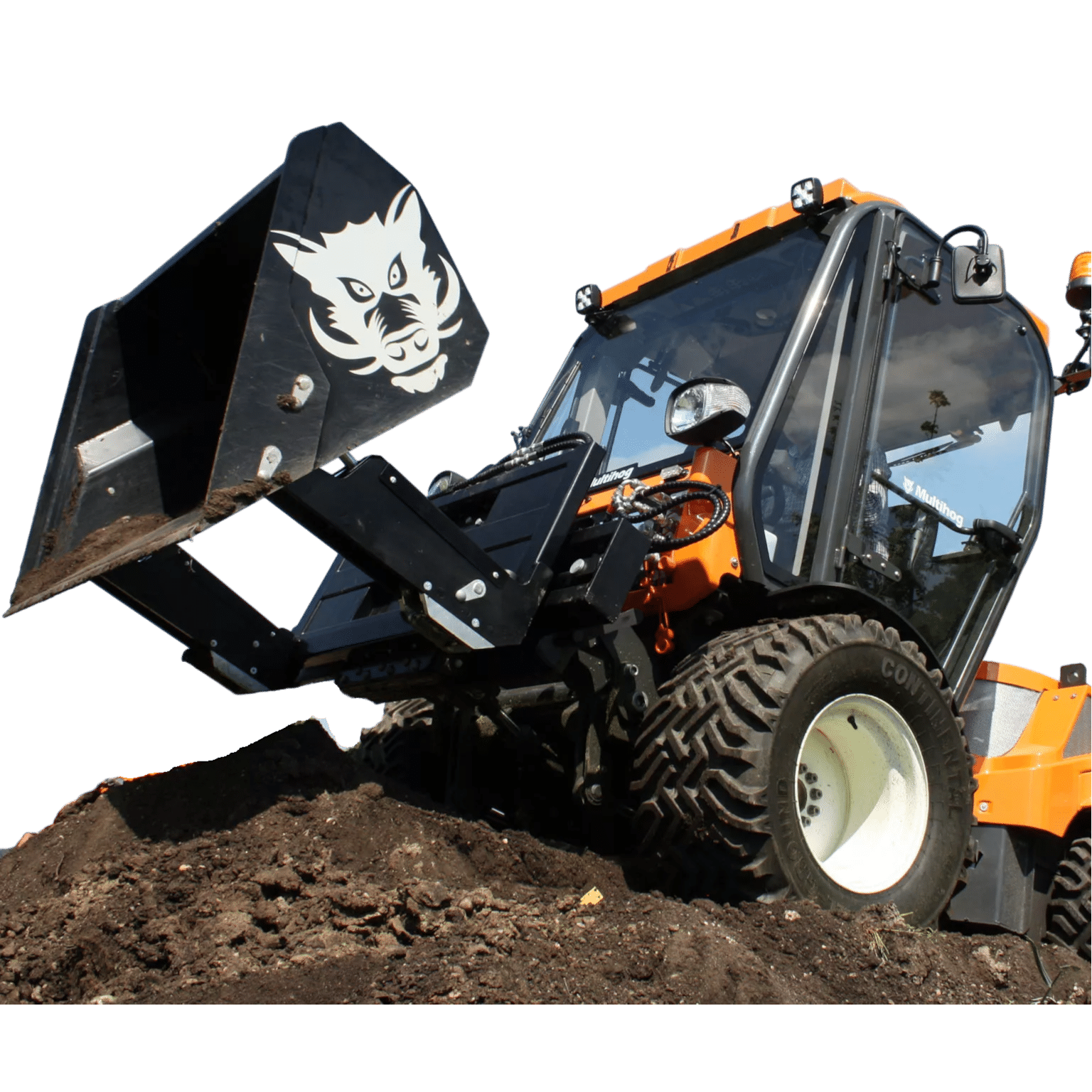 Multihog high tip bucket attachment for transporting and unloading bulk materials