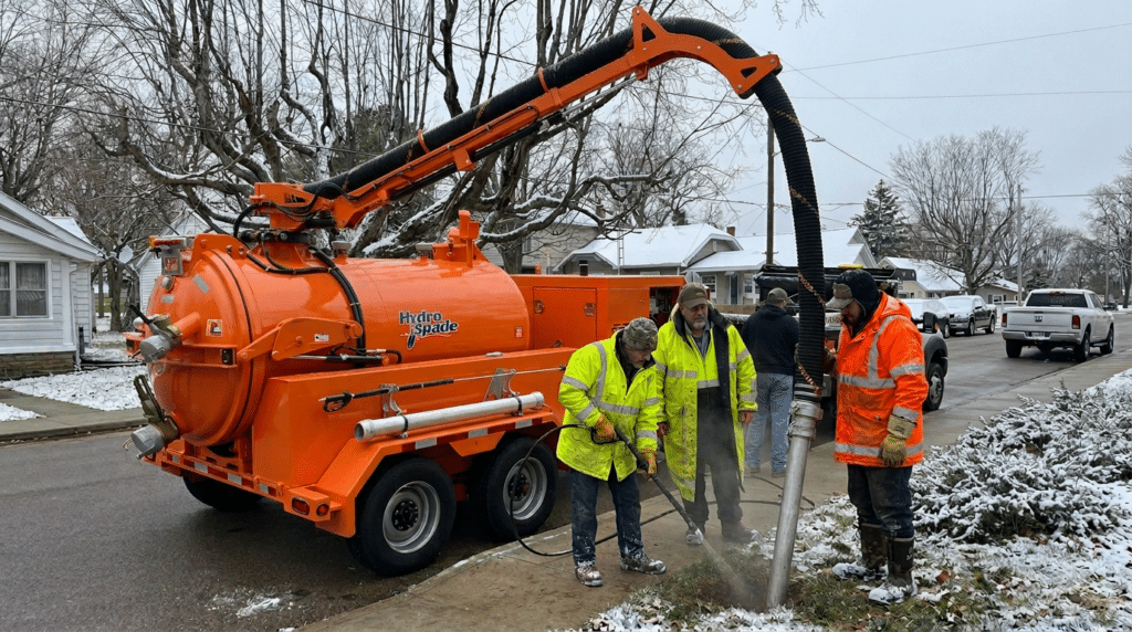 Hydro excavation team performing street maintenance in a residential area.