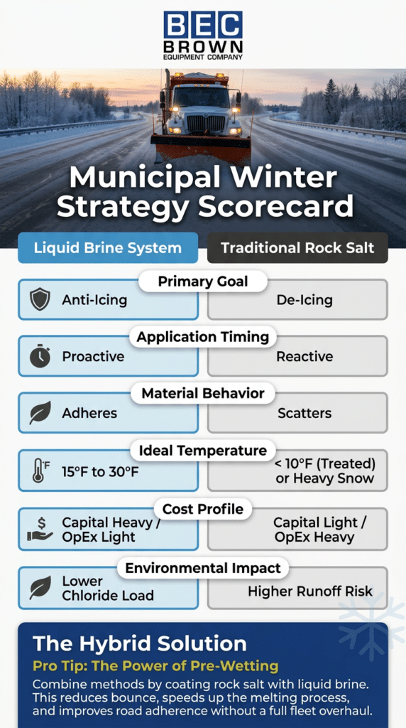 Comparing liquid brine and rock salt for effective winter road treatment strategies.
