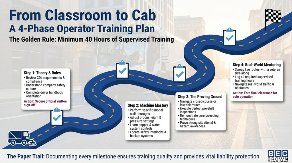Four-phase operator training plan from classroom learning to practical experience.