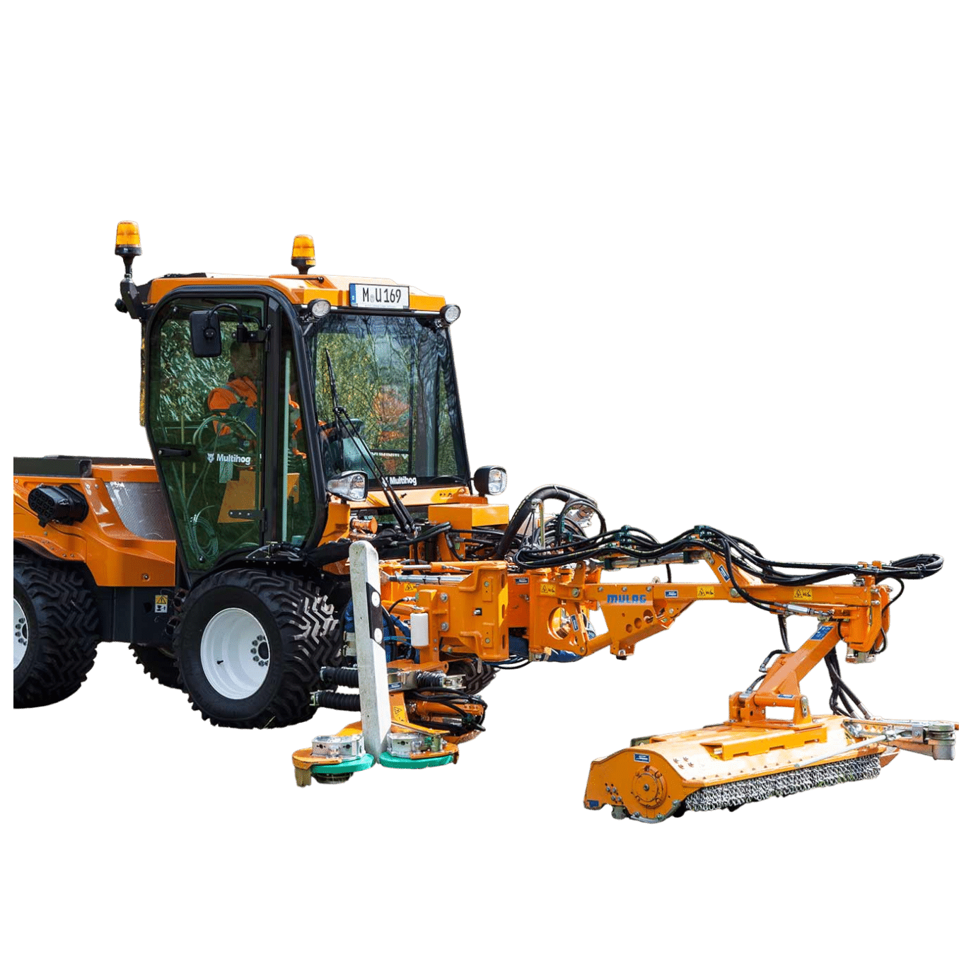 Multihog barrier mower attachment for mowing around guard rails and traffic signs