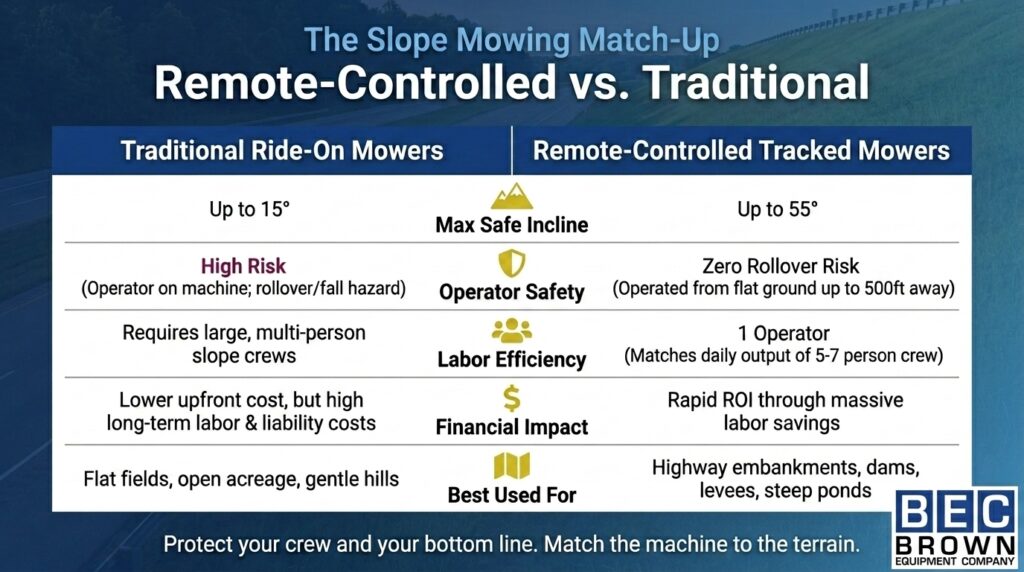Remote-controlled vs. traditional mowers: safety, efficiency, and slope performance comparison.