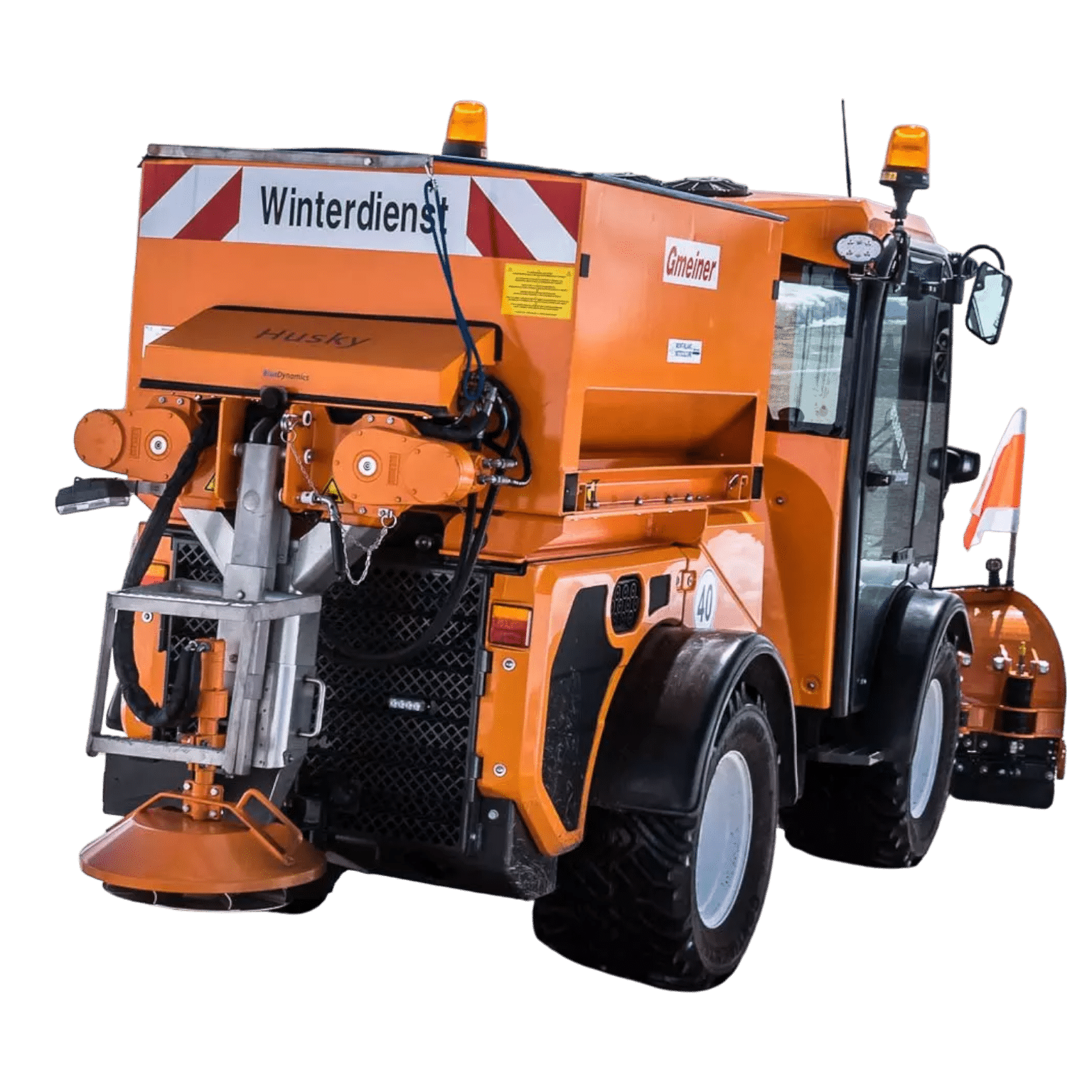 Multihog salt spreader attachment with high stainless steel content and speed-sensing controller