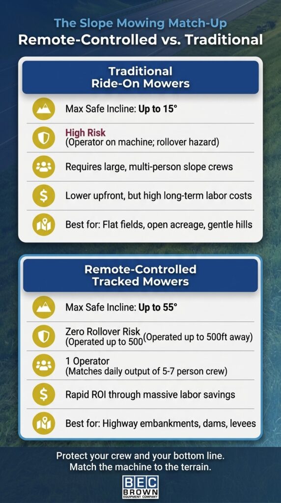 Remote-controlled vs. traditional mowers: efficiency comparison for slope maintenance.