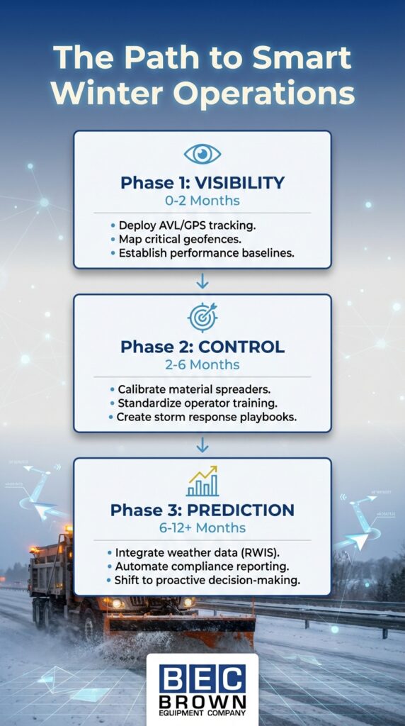 Smart winter operations: phases of visibility, control, and prediction for efficient management.