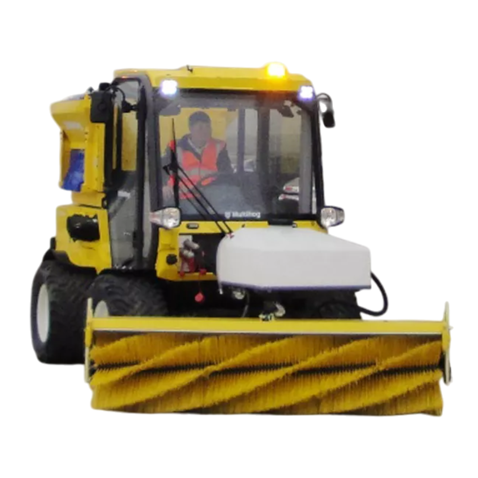 Multihog snow brush attachment with 90-inch width and integrated spray protector