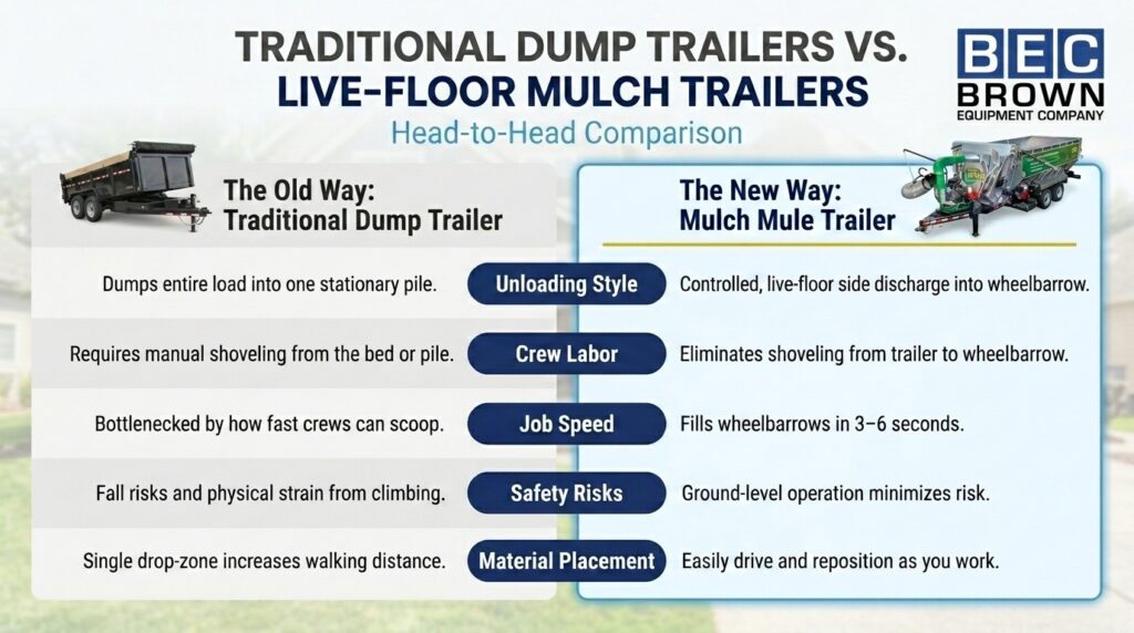 Comparison of traditional dump trailers and live-floor mulch trailers for efficient unloading.