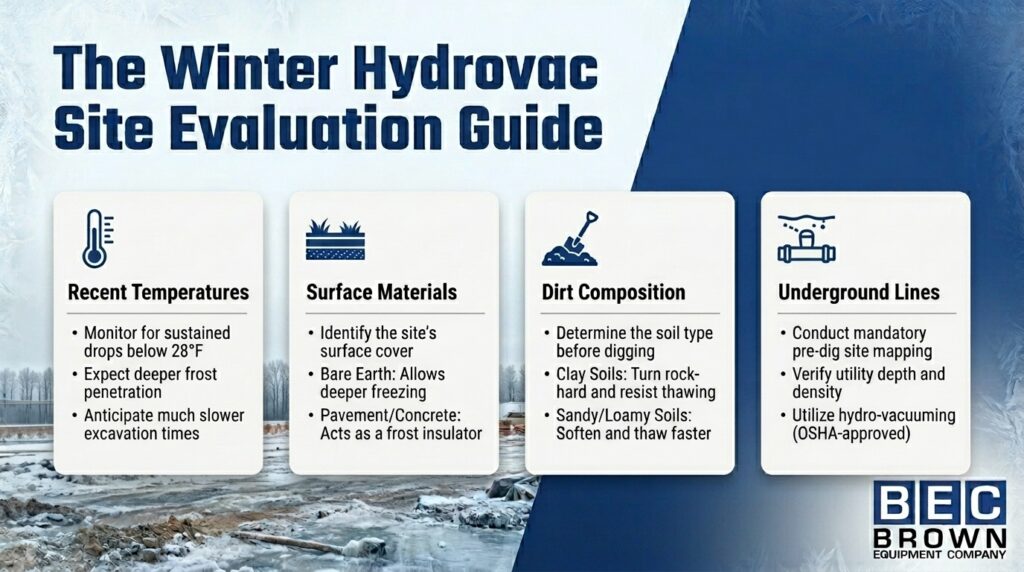 Essential winter tips for hydrovac site evaluation and underground line safety.