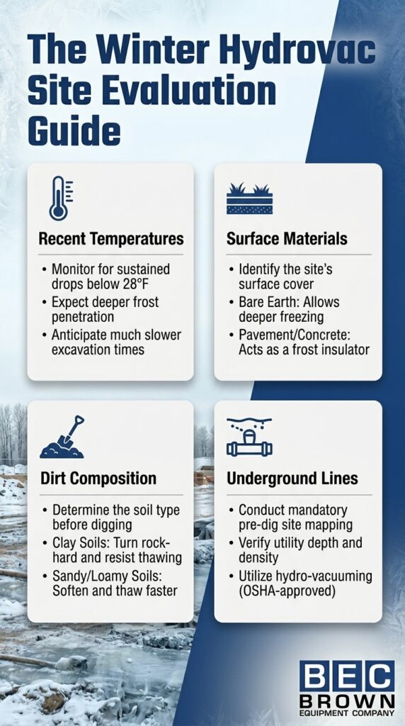 Winter hydrovac evaluation tips for temperatures, surfaces, soil types, and underground lines.