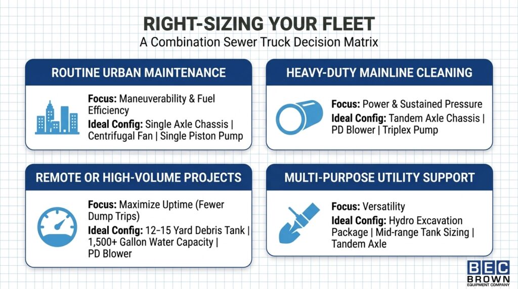 Sewer truck decision matrix for optimizing fleet management and maintenance strategies.