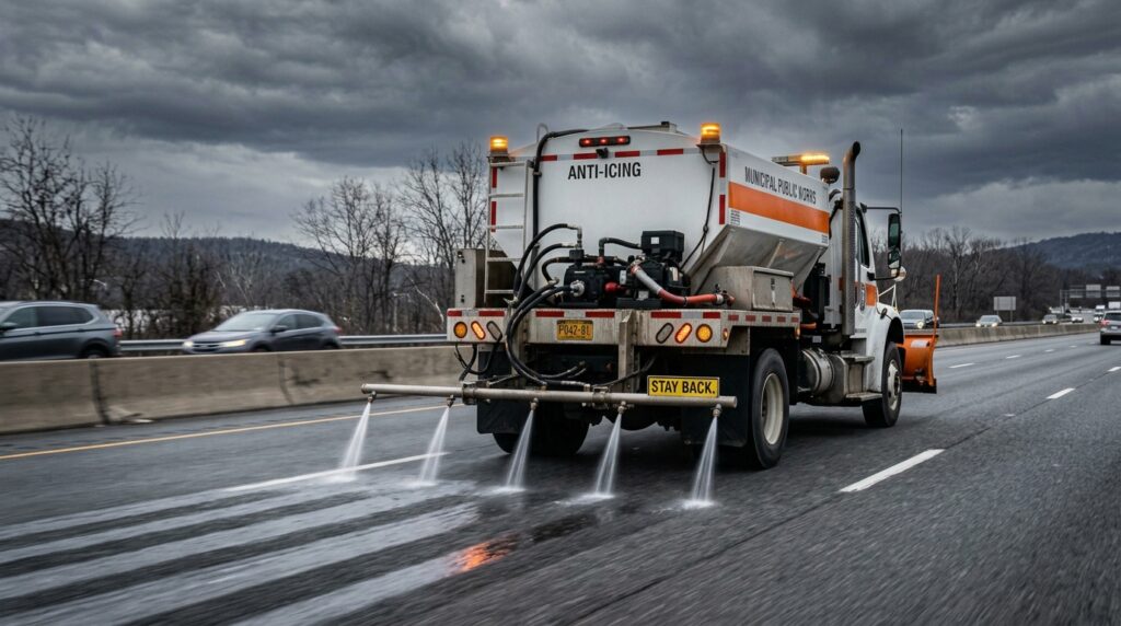 Road maintenance truck spraying salt brine for winter storm preparedness.
