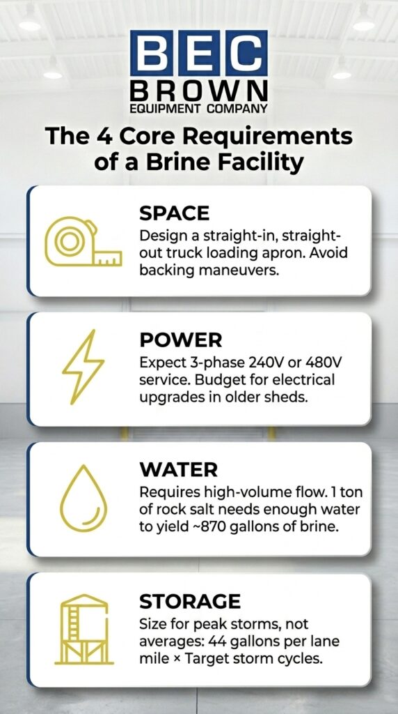 Key requirements for a brine facility: space, power, water, and storage solutions.