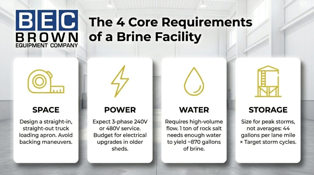 Four key requirements for setting up a brine facility: space, power, water, storage.