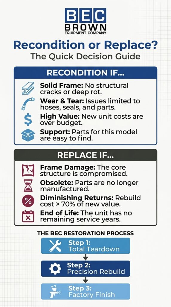 Equipment decision guide: recondition or replace based on condition and cost analysis.