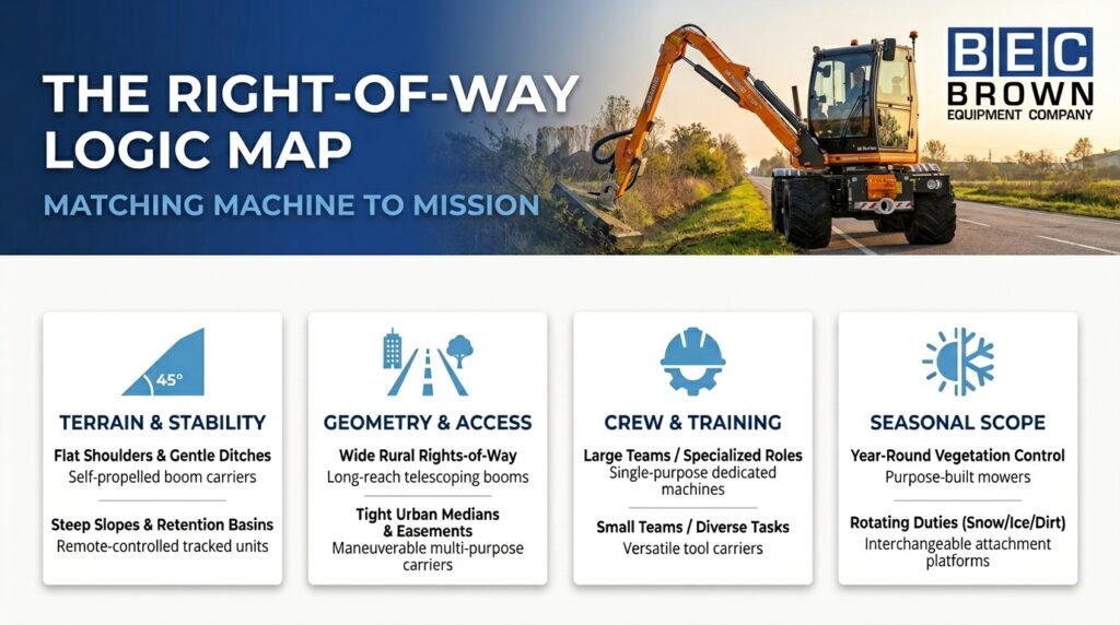 Roadside vegetation management equipment showcased in a right-of-way map for optimal use.