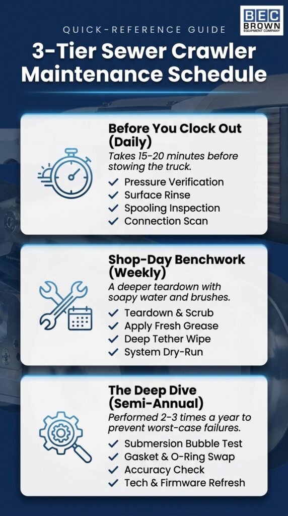 Sewer crawler maintenance schedule: daily, weekly, and semi-annual tasks for optimal performance.