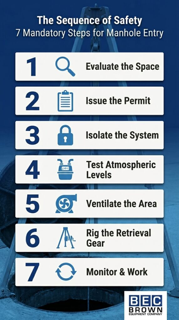 Essential safety steps for confined space entry during sewer maintenance work.