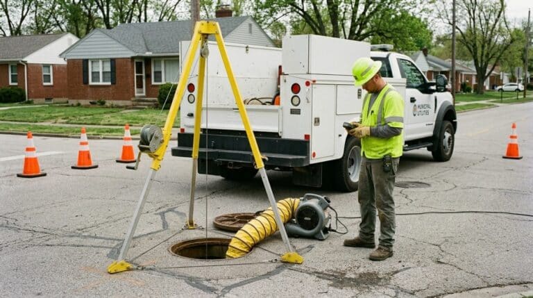 Utility worker checking manhole for safety compliance in a residential area.