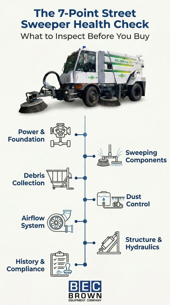 Essential inspection guide for used street sweepers, covering seven key maintenance areas.