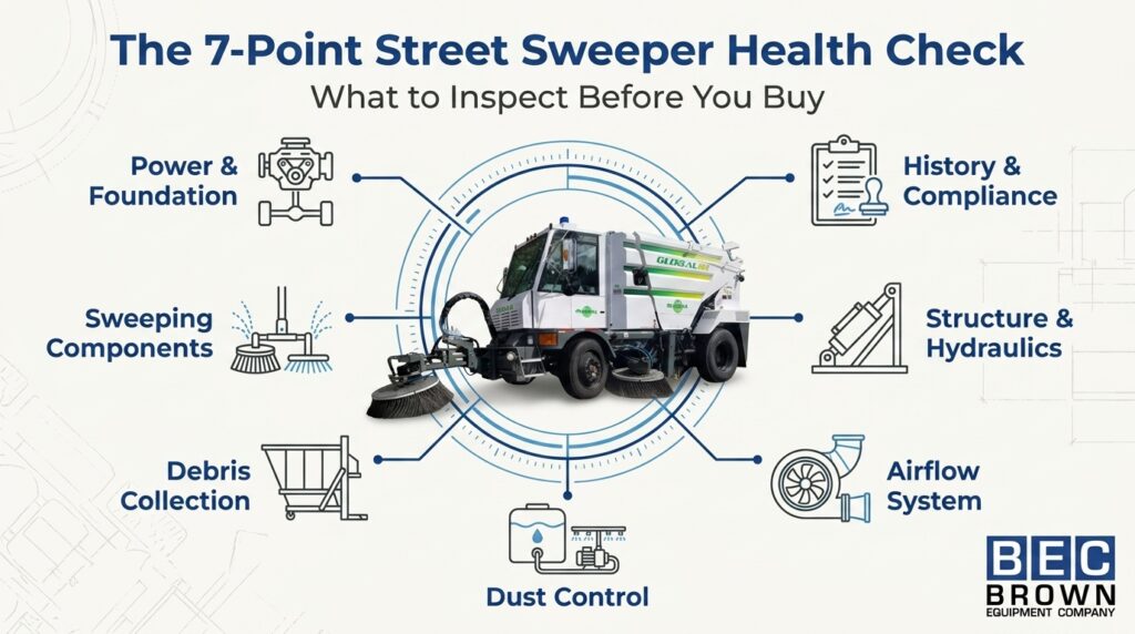 Essential guide for inspecting used street sweepers: check power, components, and cleanliness.